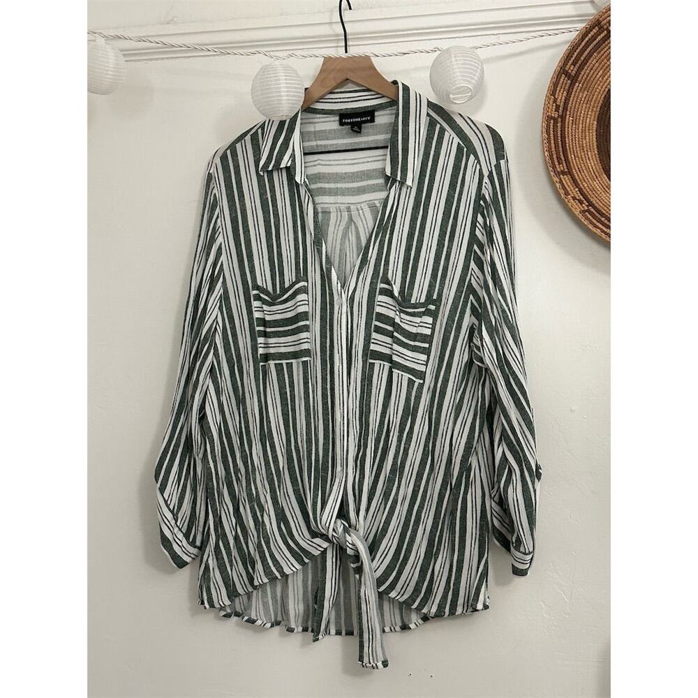 Fortune + Ivy Women's 2XL Green Striped Button-Up Shirt Roll Tab Sleeve